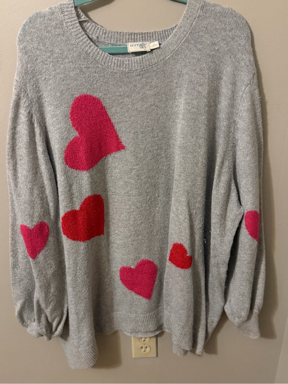 Terra & Sky Gray Crewneck Sweater with Pink & Red Hearts